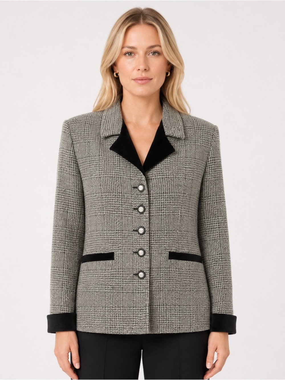 PERCEPTIONS By Irene B Herringbone Black White Jacket Blazer Velvet Trim Size 14
